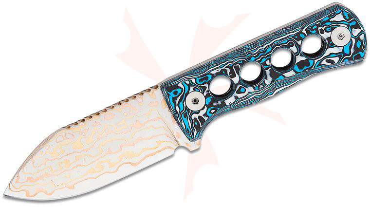 QSP Knives Canary Fixed Blade Neck Knife 2.5 inch Brass/Copper Damascus Drop Point Blade, Frost FatCarbon Handles, Kydex Neck Sheath