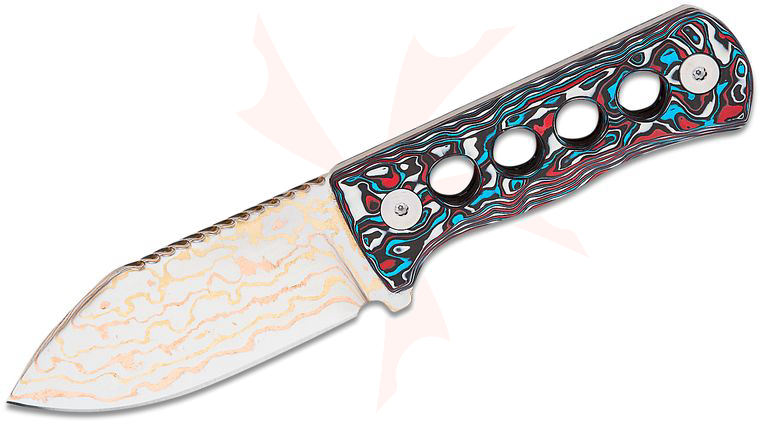 QSP Knives Canary Fixed Blade Neck Knife 2.5 inch Brass/Copper Damascus Drop Point Blade, Nebula FatCarbon Handles, Kydex Neck Sheath
