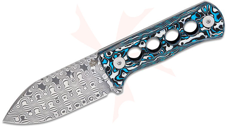 QSP Knives Canary Fixed Blade Neck Knife 2.5 inch Damascus Drop Point Blade, Frost FatCarbon Handles, Kydex Neck Sheath