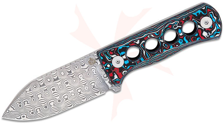 QSP Knives Canary Fixed Blade Neck Knife 2.5 inch Damascus Drop Point Blade, Nebula FatCarbon Handles, Kydex Neck Sheath