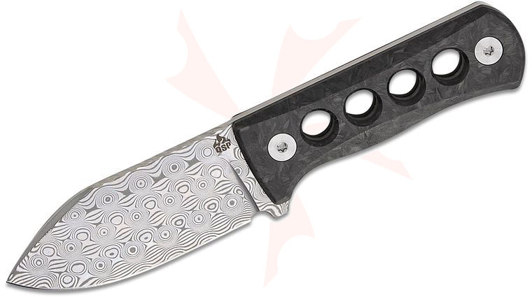 QSP Knives Canary Fixed Blade Neck Knife 2.5 inch Damascus Drop Point Blade, Blue Glow-in-the-Dark Shredded Carbon Fiber Handles, Kydex Neck Sheath