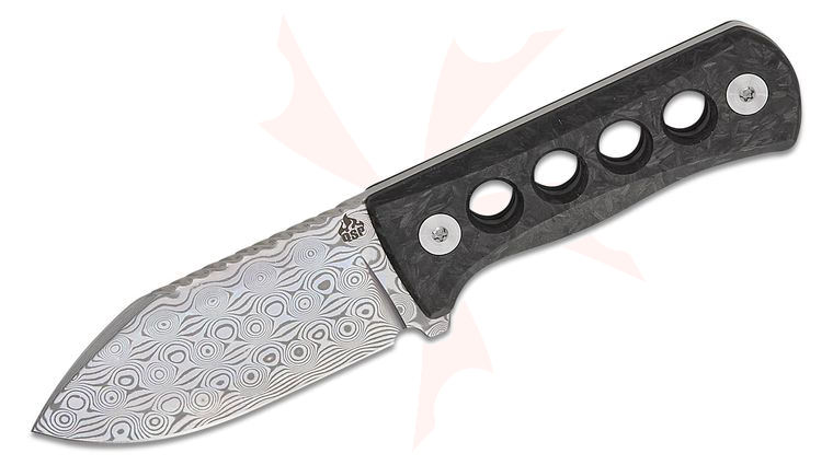QSP Knives Canary Fixed Blade Neck Knife 2.5 inch Damascus Drop Point Blade, Green Glow-in-the-Dark Shredded Carbon Fiber Handles, Kydex Neck Sheath