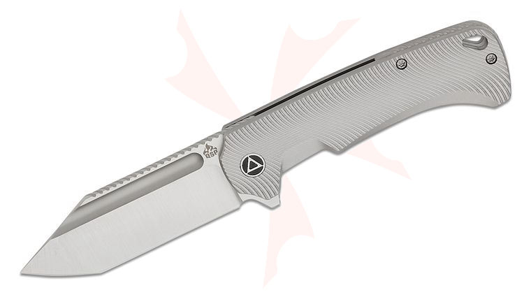 QSP Knives Rhino Flipper Knife 3.25 inch M390 Satin Flat Ground Clip Point Blade, Bead Blast Line Textured Titanium Handles