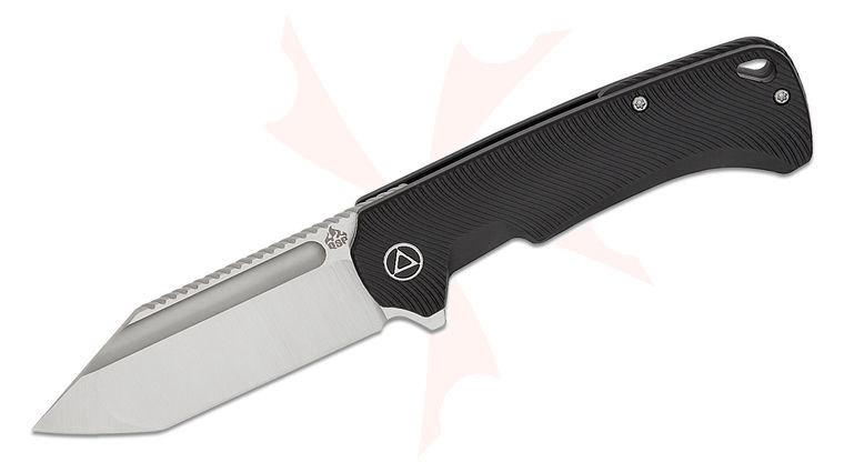 QSP Knives Rhino Flipper Knife 3.25 inch M390 Satin Flat Ground Clip Point Blade, Black Line Textured Titanium Handles