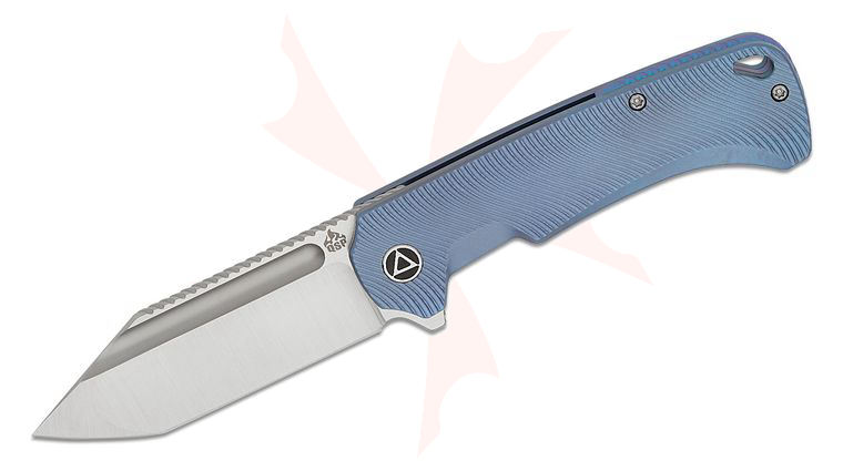 QSP Knives Rhino Flipper Knife 3.25 inch M390 Satin Flat Ground Clip Point Blade, Blue Line Textured Titanium Handles