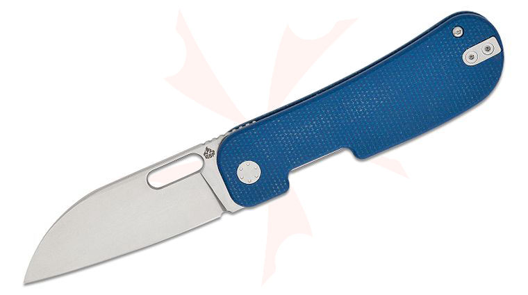 QSP Knives Jacob Lundquist Variant PE Liner Lock Front Flipper Knife 3.00 inch 14C28N Stonewashed Sheepsfoot Blade, Blue Micarta Handles