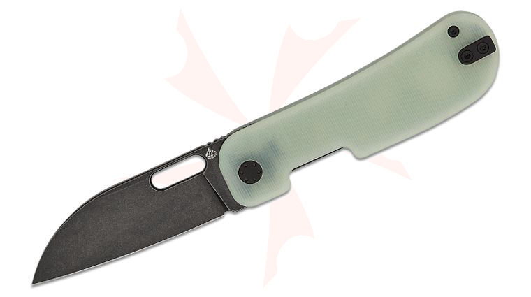 QSP Knives Jacob Lundquist Variant PE Liner Lock Front Flipper Knife 3.00 inch 14C28N Black Stonewashed Sheepsfoot Blade, Natural (Jade) G10 Handles