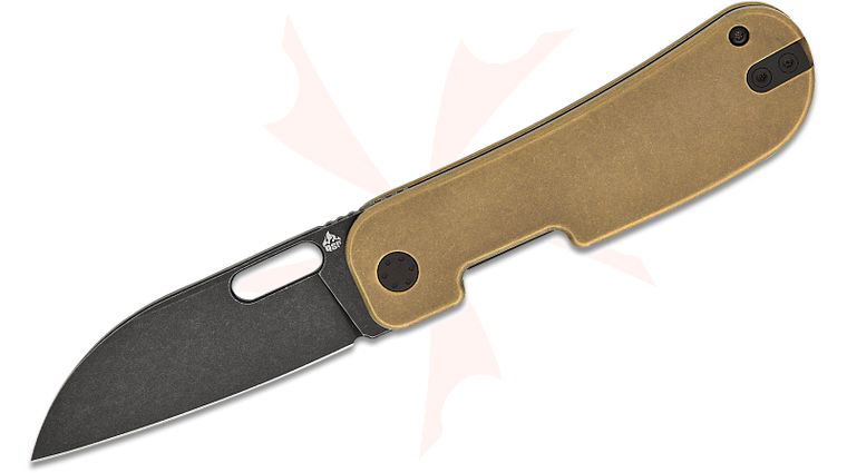 QSP Knives Jacob Lundquist Variant PE Liner Lock Front Flipper Knife 3.00 inch 14C28N Black Stonewashed Sheepsfoot Blade, Bronze Titanium Handles