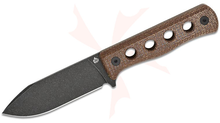 QSP Knives Canary Fixed Blade Knife 4.25 inch Cr8Mo2VSi Black Stonewashed Drop Point Blade, Brown Rough Micarta Handles, Kydex Sheath