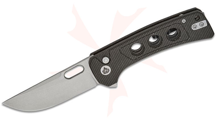 QSP Knives Unicorn Button Lock Flipper Knife 3.25 inch 14C28N Stonewashed Drop Point Blade, Dark Brown Micarta Handles