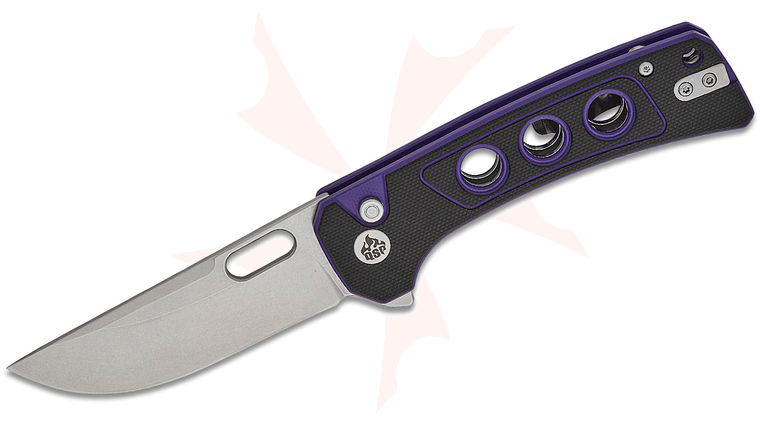 QSP Knives Unicorn Button Lock Flipper Knife 3.25 inch 14C28N Stonewashed Drop Point Blade, Black/Purple G10 Handles