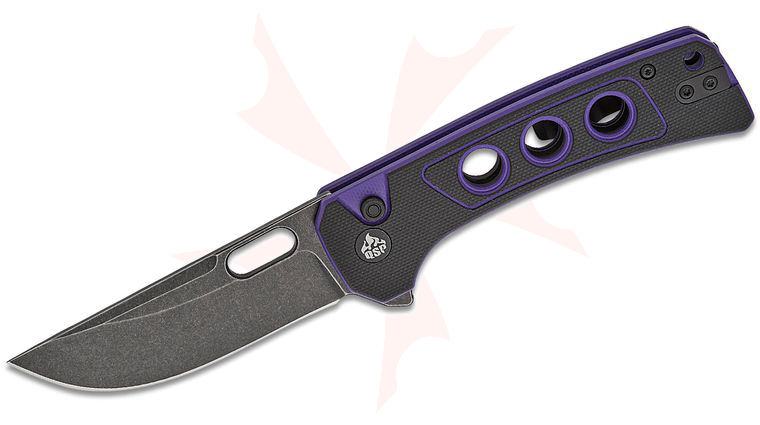 QSP Knives Unicorn Button Lock Flipper Knife 3.25 inch 14C28N Black Stonewashed Drop Point Blade, Black/Purple G10 Handles