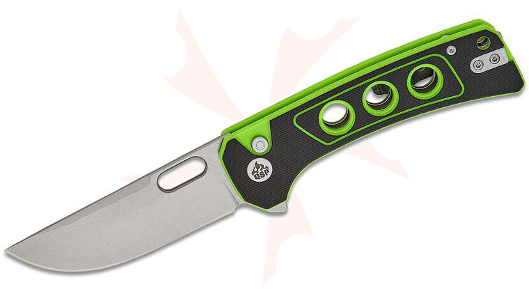 QSP Knives Unicorn Button Lock Flipper Knife 3.25 inch 14C28N Stonewashed Drop Point Blade, Black/Neon G10 Handles