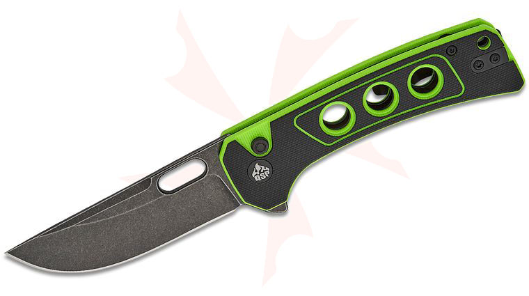QSP Knives Unicorn Button Lock Flipper Knife 3.25 inch 14C28N Black Stonewashed Drop Point Blade, Black/Neon G10 Handles