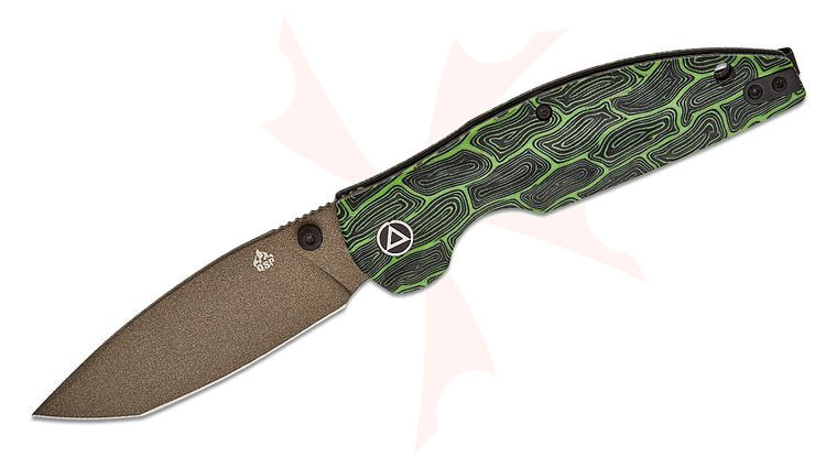 QSP Knives Turtle Punk Liner Lock Folding Knife 3.5 inch 14C28N Champagne Modified Tanto Blade, 3D Milled Green G-Mascus Handles