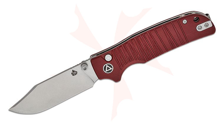 QSP Knives Kali Button Lock Folding Knife 3.25 inch 14C28N Stonewashed Clip Point Blade, Dark Red Milled G10 Handles