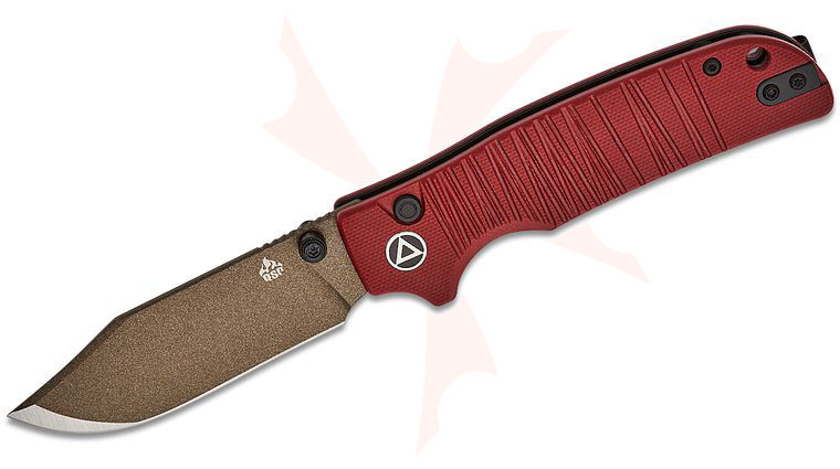 QSP Knives Kali Button Lock Folding Knife 3.25 inch 14C28N Champagne Clip Point Blade, Dark Red Milled G10 Handles