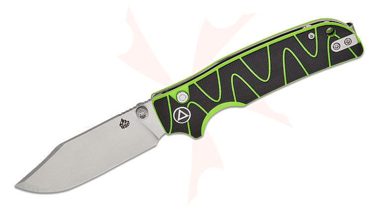 QSP Knives Kali Button Lock Folding Knife 3.25 inch 14C28N Stonewashed Clip Point Blade, Black and Neon Green Milled G10 Handles