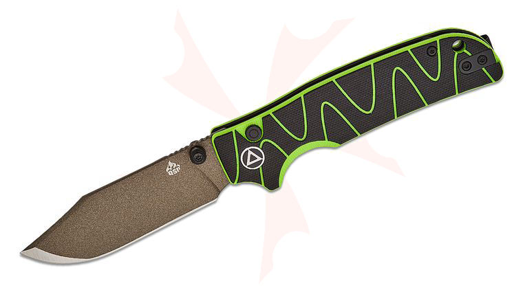QSP Knives Kali Button Lock Folding Knife 3.25 inch 14C28N Champagne Clip Point Blade, Black and Neon Green Milled G10 Handles