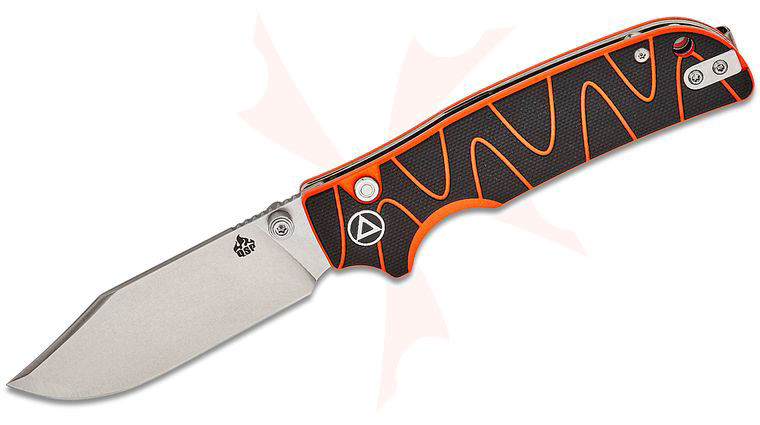 QSP Knives Kali Button Lock Folding Knife 3.25 inch 14C28N Stonewashed Clip Point Blade, Black and Orange Milled G10 Handles