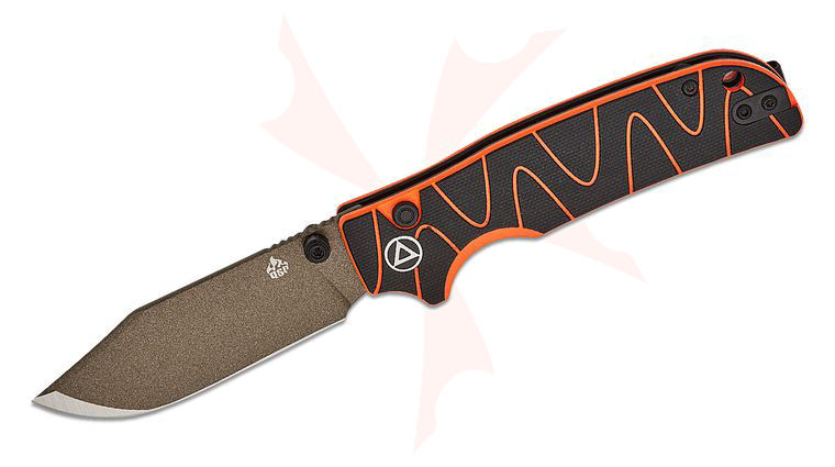 QSP Knives Kali Button Lock Folding Knife 3.25 inch 14C28N Champagne Clip Point Blade, Black and Orange Milled G10 Handles