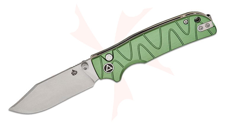 QSP Knives Kali Button Lock Folding Knife 3.25 inch 14C28N Stonewashed Clip Point Blade, Green Milled Aluminum Handles