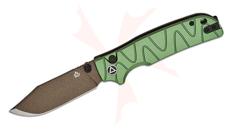 QSP Knives Kali Button Lock Folding Knife 3.25 inch 14C28N Champagne Clip Point Blade, Green Milled Aluminum Handles