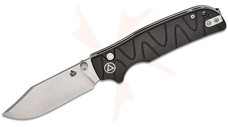 QSP Knives Kali Button Lock Folding Knife 3.25 inch 14C28N Stonewashed Clip Point Blade, Black Milled Aluminum Handles