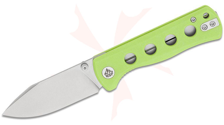 QSP Knives Canary Folding Knife 2.84 inch 14C28N Stonewashed Drop Point Blade, Neon G10 Handles