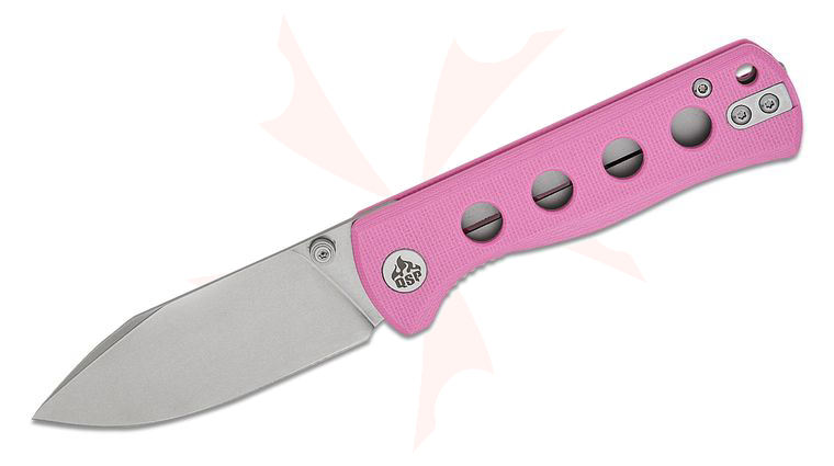 QSP Knives Canary Folding Knife 2.84 inch 14C28N Stonewashed Drop Point Blade, Pink G10 Handles