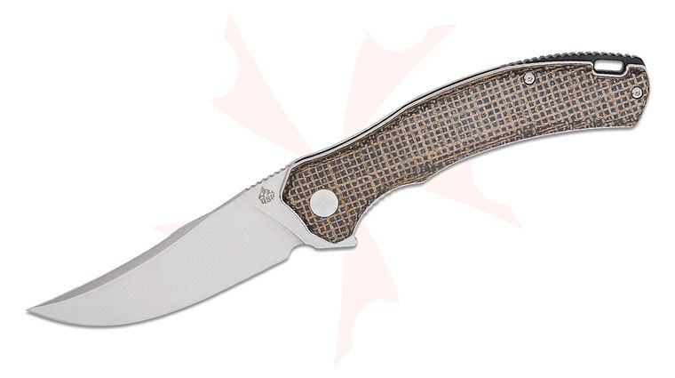 QSP Knives Walrus Liner Lock Flipper Knife 3.375 inch D2 Stonewashed Upswept Blade, Rough Brown Micarta Handles