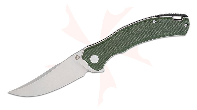 QSP Knives Walrus Liner Lock Flipper Knife 3.375 inch D2 Stonewashed Upswept Blade, Green Micarta Handles