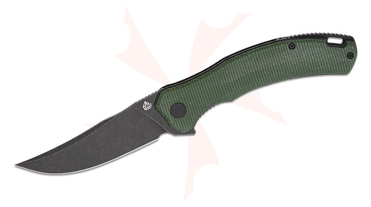 QSP Knives Walrus Liner Lock Flipper Knife 3.375 inch D2 Black Stonewashed Upswept Blade, Green Micarta Handles