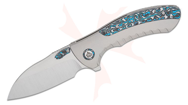 QSP Knives Capybara Frame Lock Flipper Knife 3.06 inch M390 Belt Satin Sheepsfoot Blade, Bead Blasted Titanium Handles with Black-White-Blue Carbon Fiber Inlays
