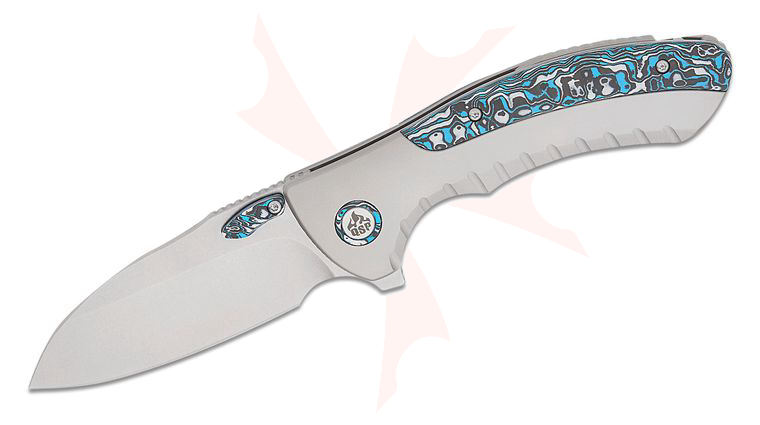 QSP Knives Capybara Frame Lock Flipper Knife 3.06 inch M390 Stonewashed Sheepsfoot Blade, Bead Blasted Titanium Handles with Black-White-Blue Carbon Fiber Inlays