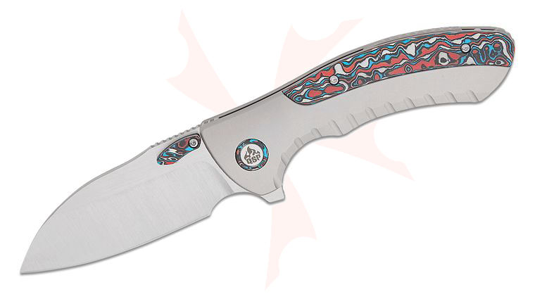 QSP Knives Capybara Frame Lock Flipper Knife 3.06 inch M390 Belt Satin Sheepsfoot Blade, Bead Blasted Titanium Handles with Red-White-Blue Carbon Fiber Inlays