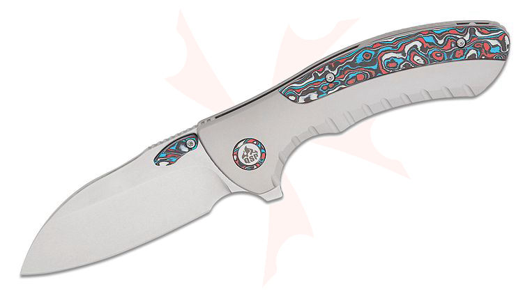 QSP Knives Capybara Frame Lock Flipper Knife 3.06 inch M390 Stonewashed Sheepsfoot Blade, Bead Blasted Titanium Handles with Red-White-Blue Carbon Fiber Inlays