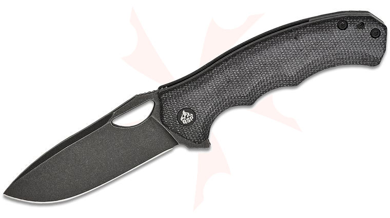 QSP Knives Gorilla Liner Lock Flipper Knife 3.375 inch 14C28N Black Stonewashed Drop Point Blade, Black Miarta Handles