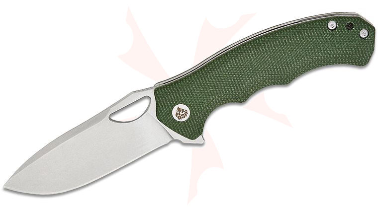 QSP Knives Gorilla Liner Lock Flipper Knife 3.375 inch 14C28N Stonewashed Drop Point Blade, Green Micarta Handles