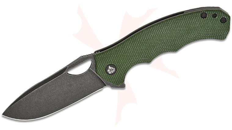 QSP Knives Gorilla Liner Lock Flipper Knife 3.375 inch 14C28N Black Stonewashed Drop Point Blade, Green Micarta Handles