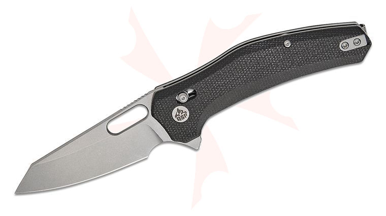 QSP Knives Emu Glyde/Crossbar Lock Flipper Knife 3.25 inch 14C28N Stonewashed Reverse Tanto Blade, Black Micarta Handles