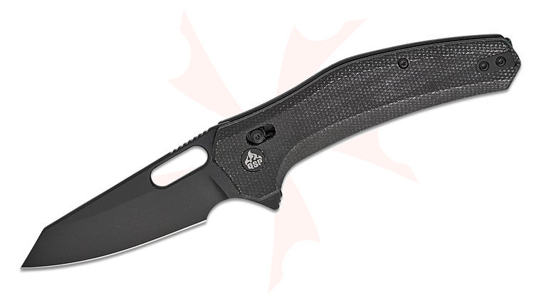 QSP Knives Emu Glyde/Crossbar Lock Flipper Knife 3.25 inch 14C28N Black Reverse Tanto Blade, Black Micarta Handles