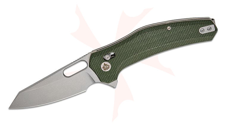 QSP Knives Emu Glyde/Crossbar Lock Flipper Knife 3.25 inch 14C28N Stonewashed Reverse Tanto Blade, Green Micarta Handles