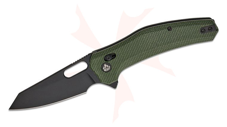 QSP Knives Emu Glyde/Crossbar Lock Flipper Knife 3.25 inch 14C28N Black Reverse Tanto Blade, Green Micarta Handles