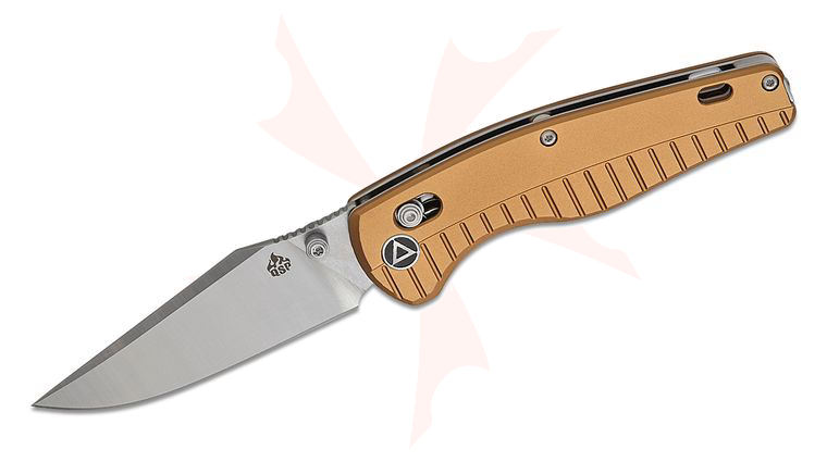 QSP Knives Keanu Alfaro Reptile Glyde/Crossbar Lock Folding Knife 3.35 inch 14C28N Two-Tone Clip Point Blade, Champagne Aluminum Handles