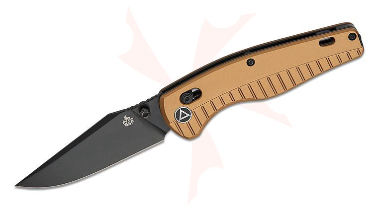 QSP Knives Keanu Alfaro Reptile Glyde/Crossbar Lock Folding Knife 3.35 inch 14C28N Black Clip Point Blade, Champagne Aluminum Handles