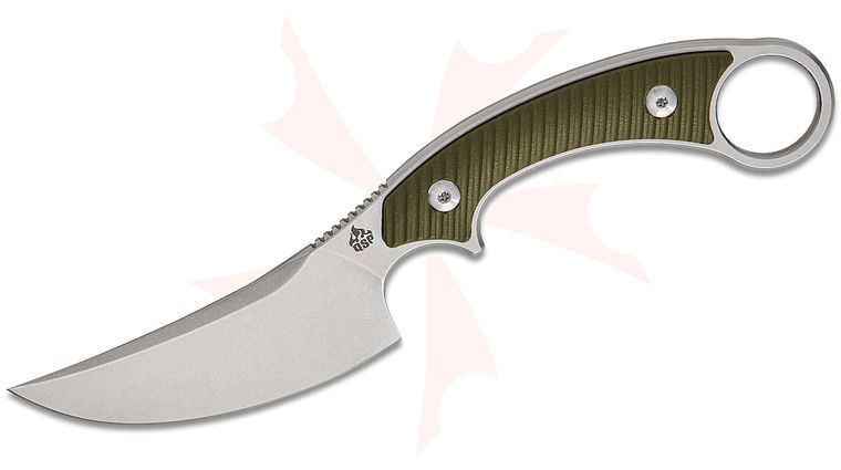 QSP Knives Viper Fixed Blade Knife 4 inch 10Cr15MoV Stonewashed Trailing Point Blade, OD Green G10 Handles, Kydex Sheath