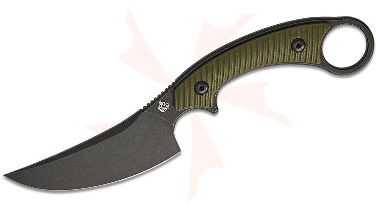 QSP Knives Viper Fixed Blade Knife 4 inch 10Cr15MoV Black Stonewashed Trailing Point Blade, OD Green G10 Handles, Kydex Sheath