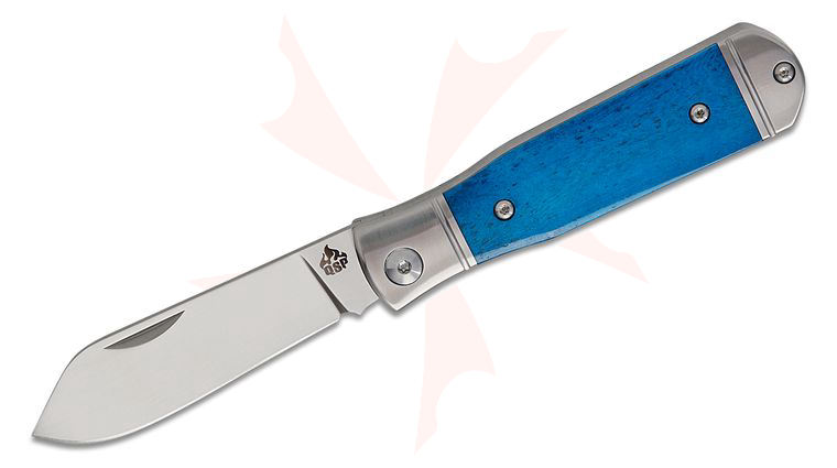 QSP Knives Jumping Jack Slipjoint Folding Knife 2.75 inch 14C28N Satin Clip Point Blade, Stainless Steel Handles with Blue Bone Inlays