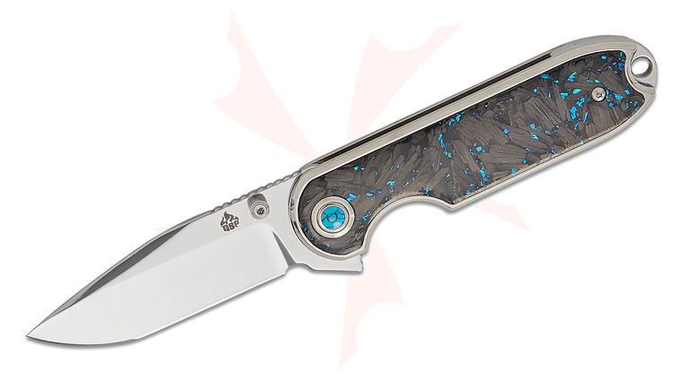 QSP Knives Nebula Flipper Knife 2.93 inch 14C28N Mirror Polished Clip Point Blade, Blue Shredded Carbon Fiber Handles